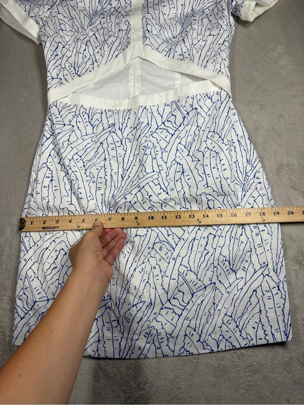 Staud Perla Blue White Palm Linen Cut Out Preppy Short Sleeve Cocktail Dress 10 - Picture 11 of 16